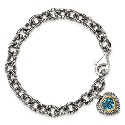 14K/silver Bicolor Shey Couture Sterlingsilber mit 14K Akzente 7.5 Zoll Antikisiert Schweizer Blautopas Herz Zargenfassung Armband