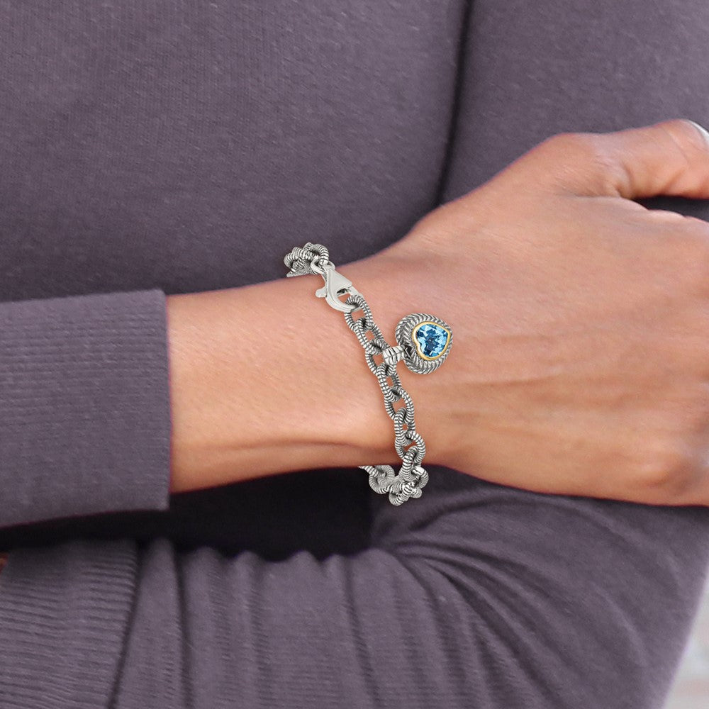 14K/silver Bicolor Shey Couture Sterlingsilber mit 14K Akzente 7.5 Zoll Antikisiert Schweizer Blautopas Herz Zargenfassung Armband