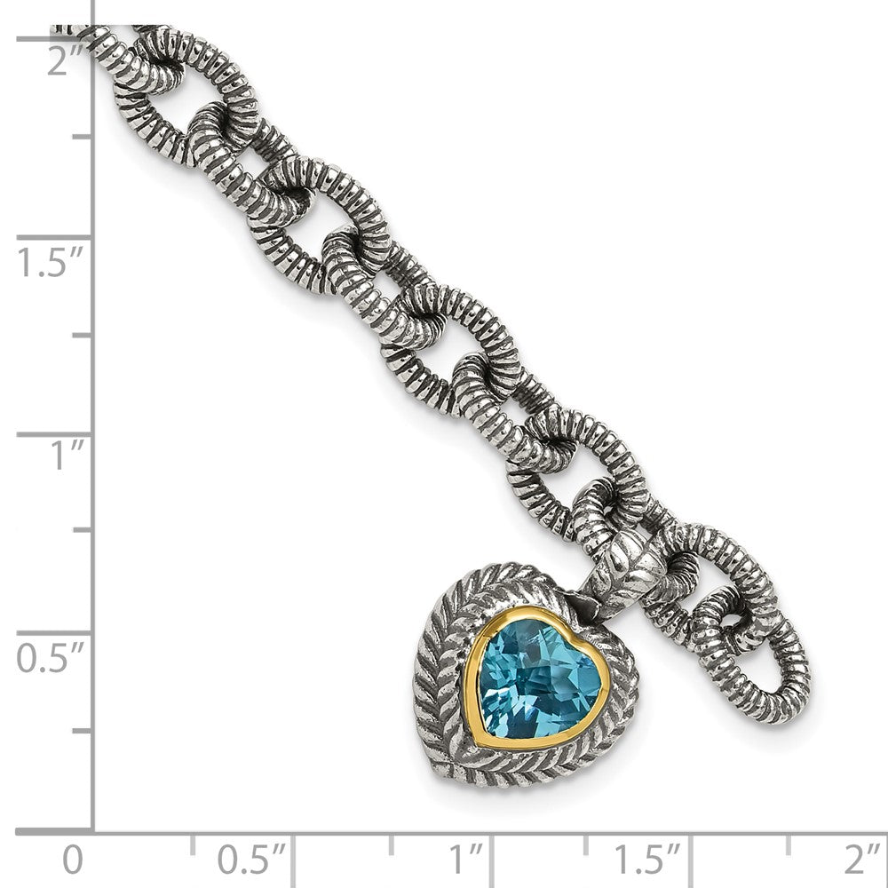 14K/silver Bicolor Shey Couture Sterlingsilber mit 14K Akzente 7.5 Zoll Antikisiert Schweizer Blautopas Herz Zargenfassung Armband