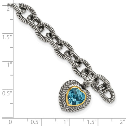 14K/silver Bicolor Shey Couture Sterlingsilber mit 14K Akzente 7.5 Zoll Antikisiert Schweizer Blautopas Herz Zargenfassung Armband