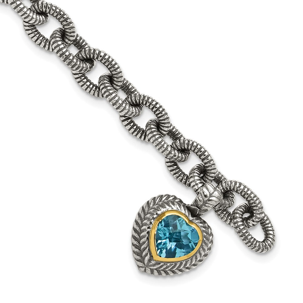 14K/silver Bicolor Shey Couture Sterlingsilber mit 14K Akzente 7.5 Zoll Antikisiert Schweizer Blautopas Herz Zargenfassung Armband