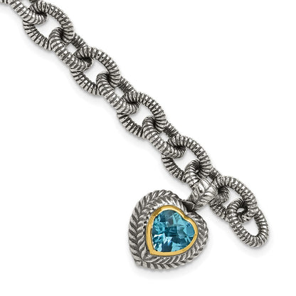 14K/silver Bicolor Shey Couture Sterlingsilber mit 14K Akzente 7.5 Zoll Antikisiert Schweizer Blautopas Herz Zargenfassung Armband