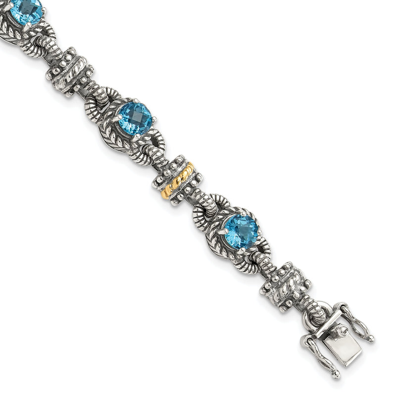 14K/silver Bicolor Shey Couture Sterlingsilber mit 14K Akzente 7.5 Zoll Antikisiert Rund Schweizer Blautopas Armband