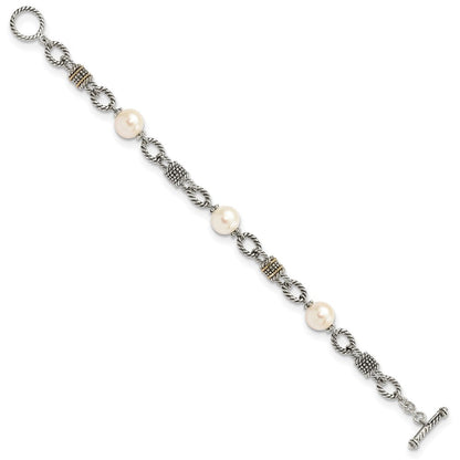 14K/silver Bicolor Shey Couture Sterlingsilber mit 14K Akzente 7.5 Zoll Antikisiert 10 10.5mm Süßwasser Zuchtperle Armband