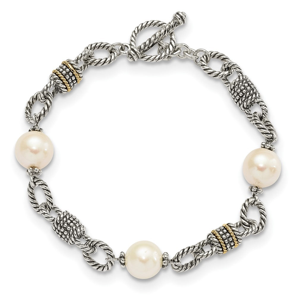 14K/silver Bicolor Shey Couture Sterlingsilber mit 14K Akzente 7.5 Zoll Antikisiert 10 10.5mm Süßwasser Zuchtperle Armband