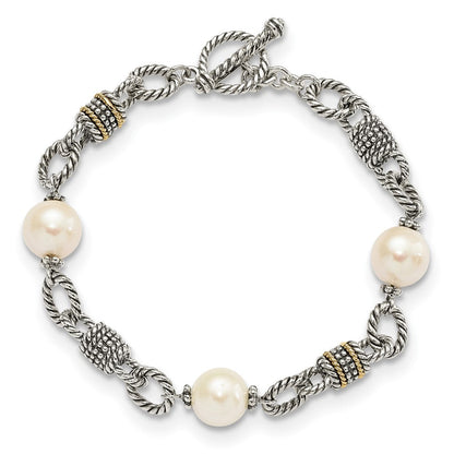 14K/silver Bicolor Shey Couture Sterlingsilber mit 14K Akzente 7.5 Zoll Antikisiert 10 10.5mm Süßwasser Zuchtperle Armband