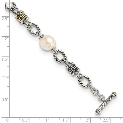 14K/silver Bicolor Shey Couture Sterlingsilber mit 14K Akzente 7.5 Zoll Antikisiert 10 10.5mm Süßwasser Zuchtperle Armband