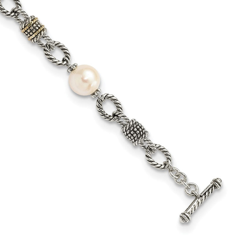 14K/silver Bicolor Shey Couture Sterlingsilber mit 14K Akzente 7.5 Zoll Antikisiert 10 10.5mm Süßwasser Zuchtperle Armband