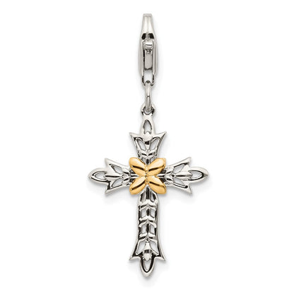 14K/silver Bicolor Shey Couture Sterlingsilber mit 14K Akzente Antikisiert 3 D Kreuz Karabinerverschluss Charm