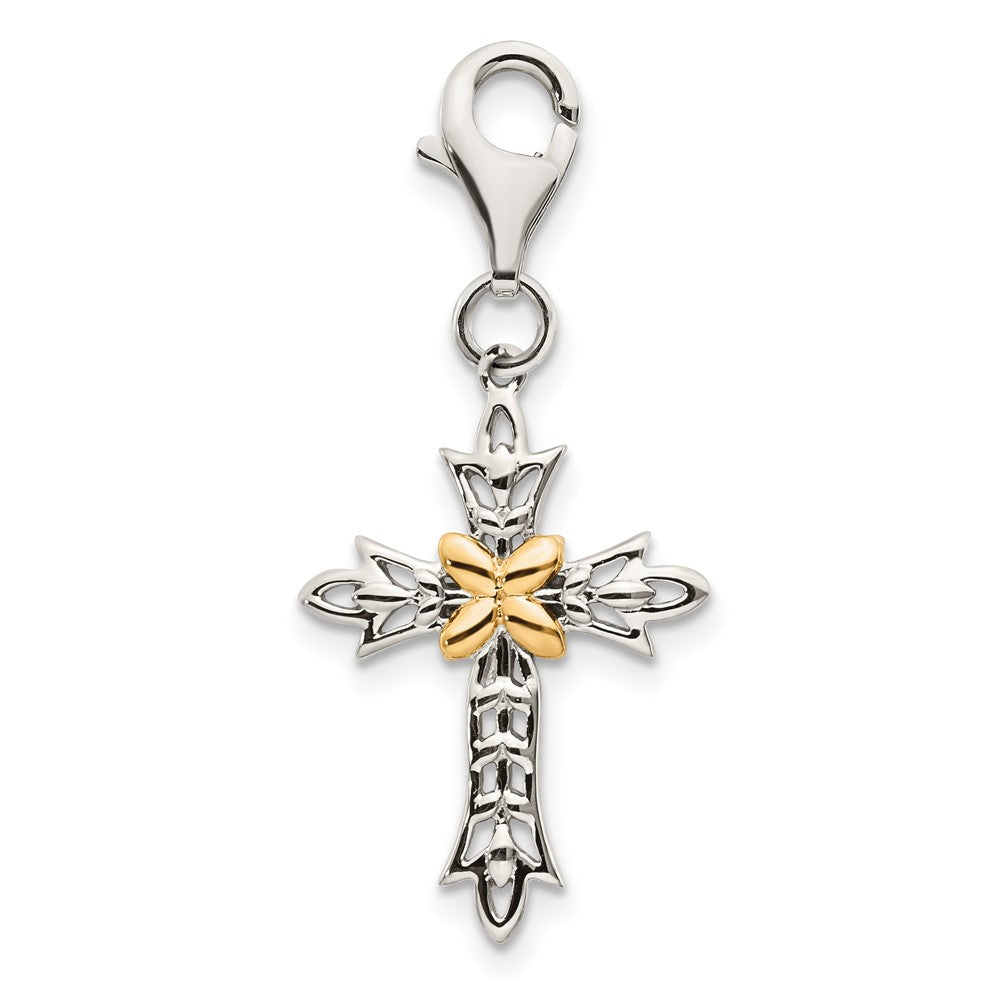 14K/silver Bicolor Shey Couture Sterlingsilber mit 14K Akzente Antikisiert 3 D Kreuz Karabinerverschluss Charm