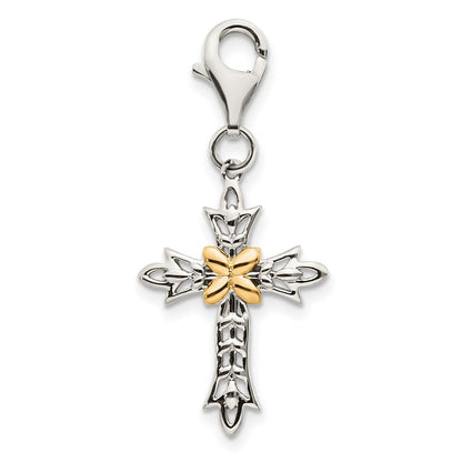 14K/silver Bicolor Shey Couture Sterlingsilber mit 14K Akzente Antikisiert 3 D Kreuz Karabinerverschluss Charm