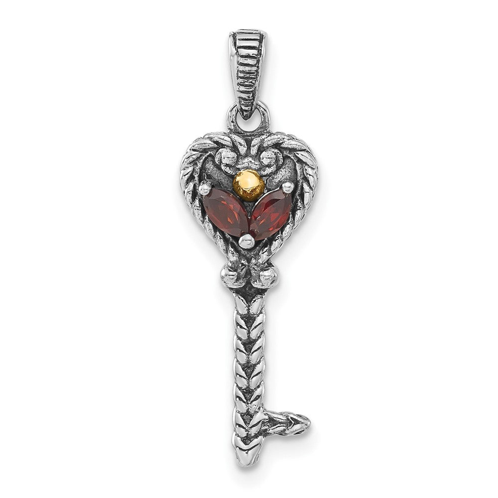 14K/silver Bicolor Sterlingsilber 14K Akzente Poliert & Antikisiert Granat Key Anhänger