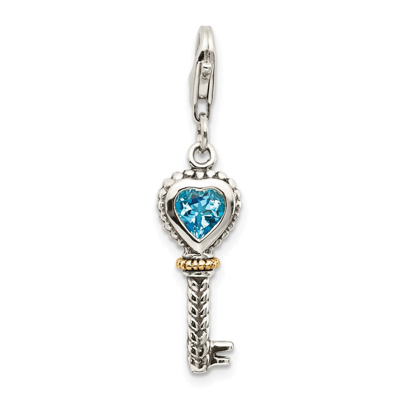 14K/silver Bicolor Shey Couture Sterlingsilber mit 14K Akzente Antikisiert Herz Zargenfassung Blautopas Antik Key Karabinerverschluss Charm