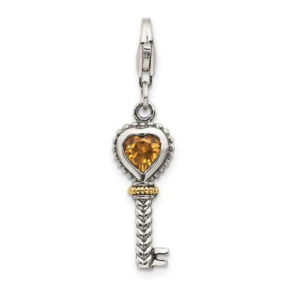 14K/silver Bicolor Shey Couture Sterlingsilber mit 14K Akzente Antikisiert Herz Citrin Key Karabinerverschluss Charm