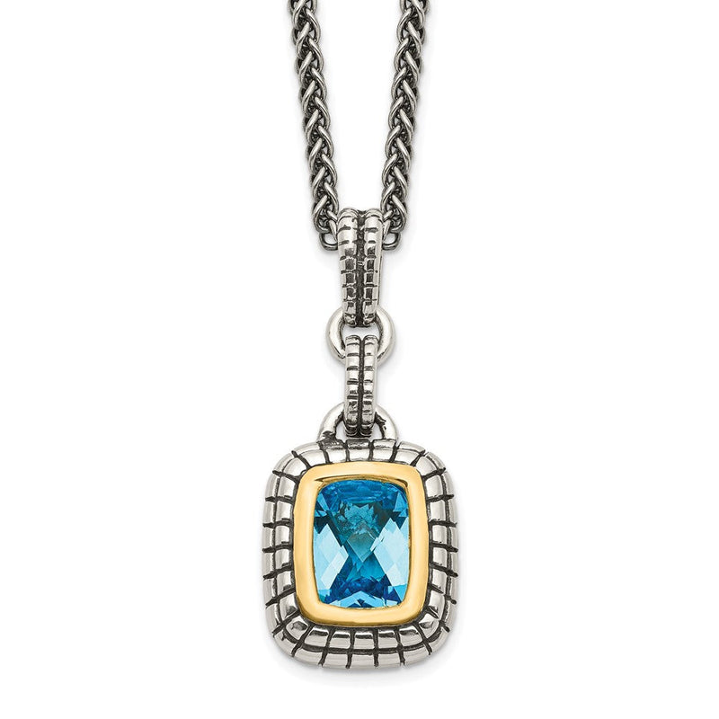 14K/silver Bicolor Shey Couture Sterlingsilber mit 14K Akzente 18 Zoll Antikisiert Kissen Zargenfassung Schweizer Blautopas Halskette