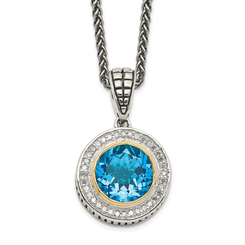 14K/silver Bicolor Shey Couture Sterlingsilber mit 14K Akzente 18 Zoll Antikisiert Rund Schweizer Blautopas und Diamant Halskette