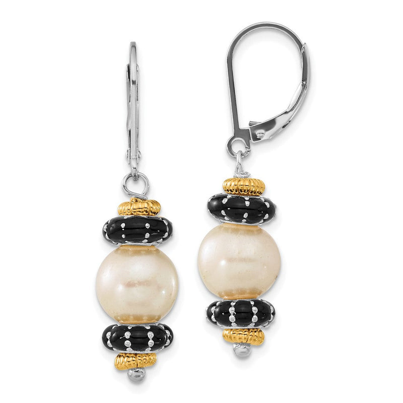 14K/silver Bicolor Sterlingsilber 14K Akzente Poliert Schwarz Emaille & Süßwasser Zuchtperle Brisur Ohrhänger
