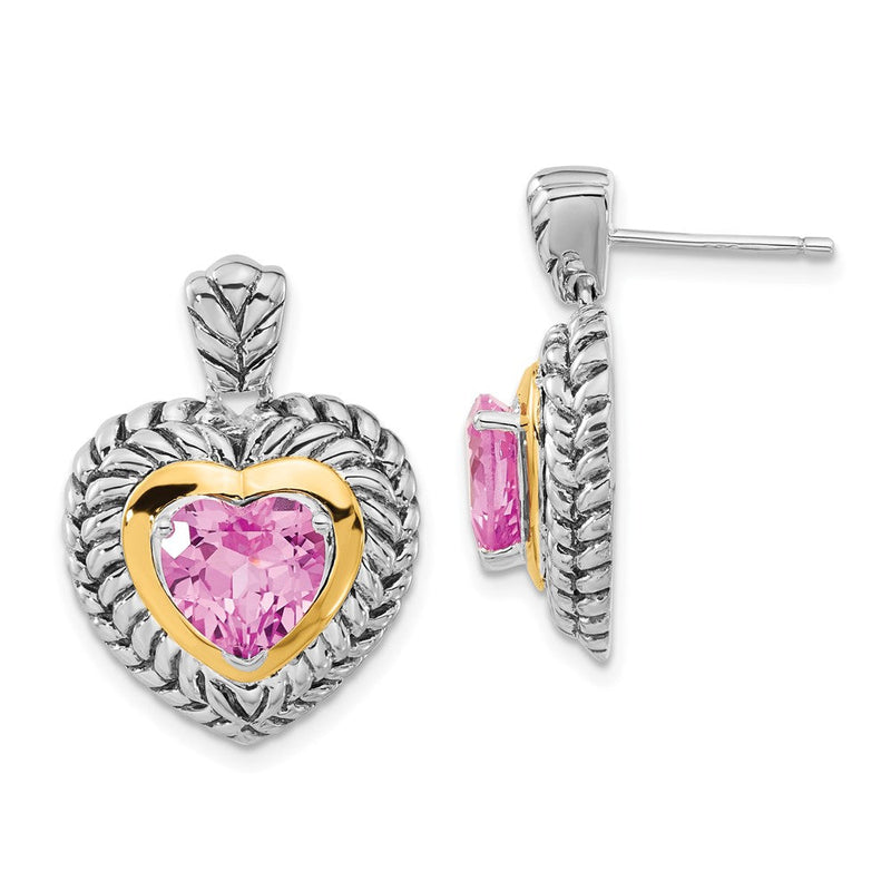 14K/silver Bicolor Sterlingsilber mit 14ky Akzente Poliert & Antikisiert Erzeugt Rosa Saphir Herz Stecker Ohrhänger