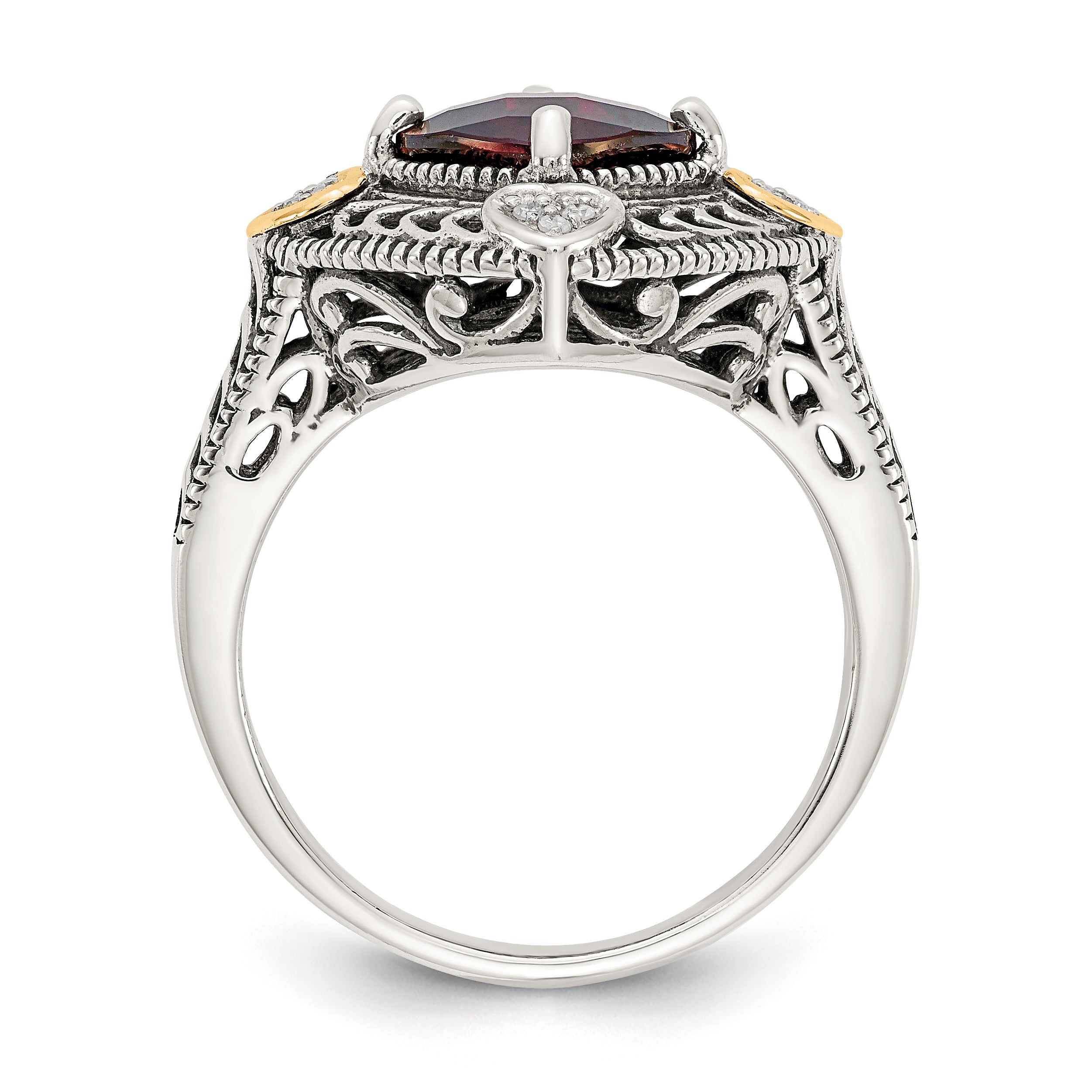 14K/silver Bicolor Shey Couture Sterlingsilber mit 14K Akzente Antikisiert Diamant und Schachbrett Kissen Granat Ring