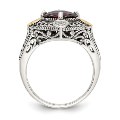 14K/silver Bicolor Shey Couture Sterlingsilber mit 14K Akzente Antikisiert Diamant und Schachbrett Kissen Granat Ring