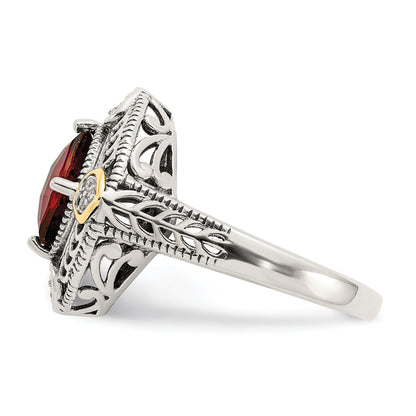 14K/silver Bicolor Shey Couture Sterlingsilber mit 14K Akzente Antikisiert Diamant und Schachbrett Kissen Granat Ring