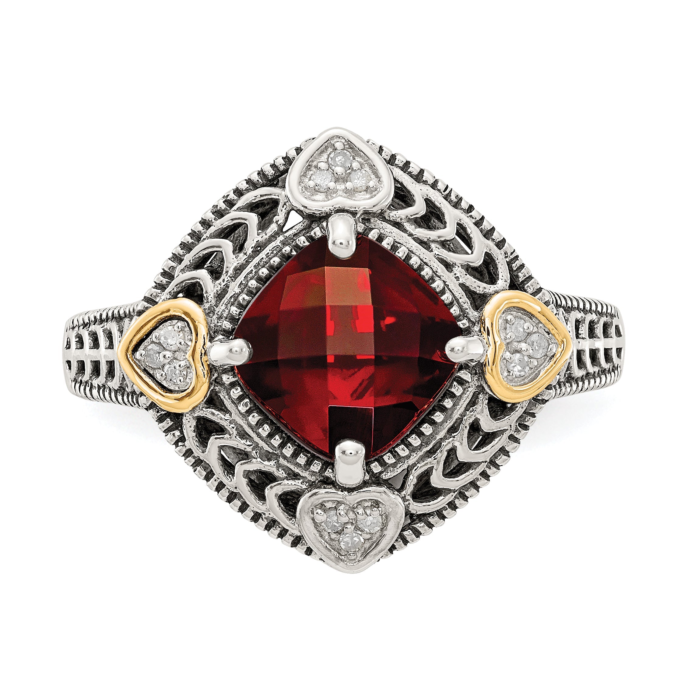 14K/silver Bicolor Shey Couture Sterlingsilber mit 14K Akzente Antikisiert Diamant und Schachbrett Kissen Granat Ring