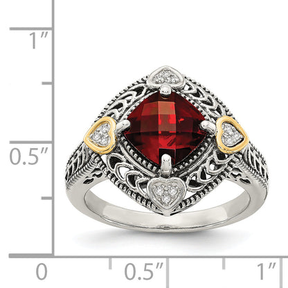 14K/silver Bicolor Shey Couture Sterlingsilber mit 14K Akzente Antikisiert Diamant und Schachbrett Kissen Granat Ring