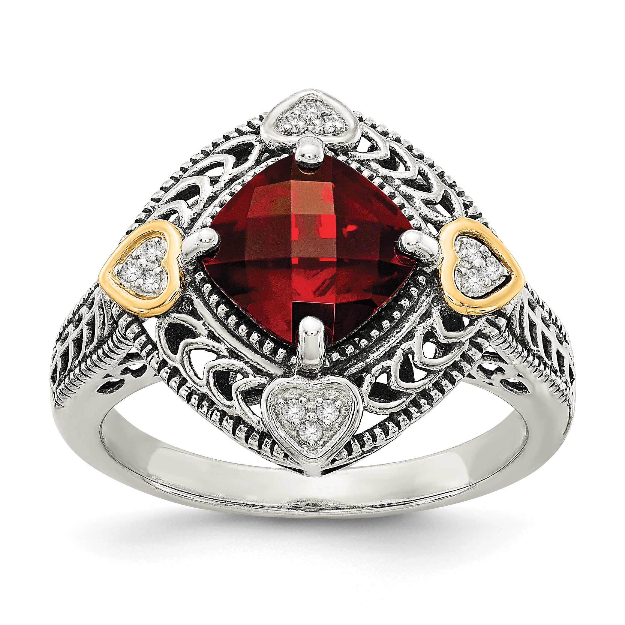 14K/silver Bicolor Shey Couture Sterlingsilber mit 14K Akzente Antikisiert Diamant und Schachbrett Kissen Granat Ring