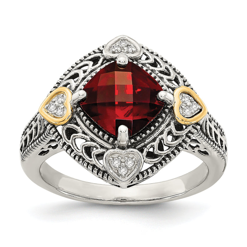 14K/silver Bicolor Shey Couture Sterlingsilber mit 14K Akzente Antikisiert Diamant und Schachbrett Kissen Granat Ring
