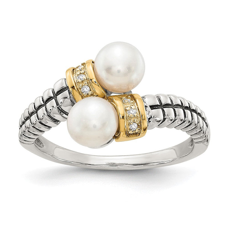 14K/silver Bicolor Shey Couture Sterlingsilber mit 14K Akzente Antikisiert 5.5 6mm Süßwasser Zuchtperle und Diamant By Pass Ring