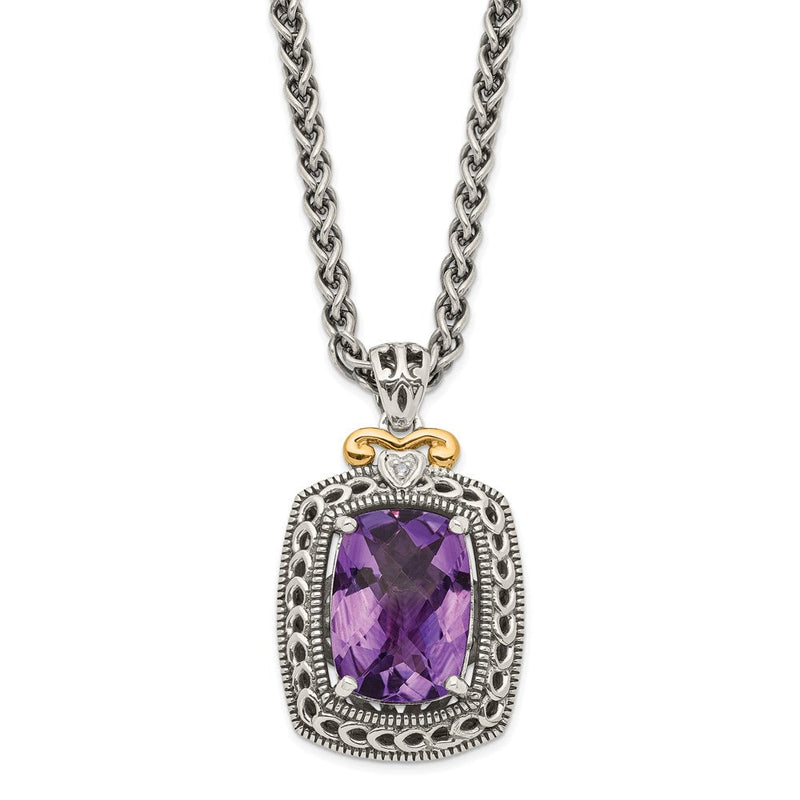 14K/silver Bicolor Shey Couture Sterlingsilber mit 14K Akzente 18 Zoll Antikisiert Schachbrett Schliff Kissen Amethyst und Diamant Halskette