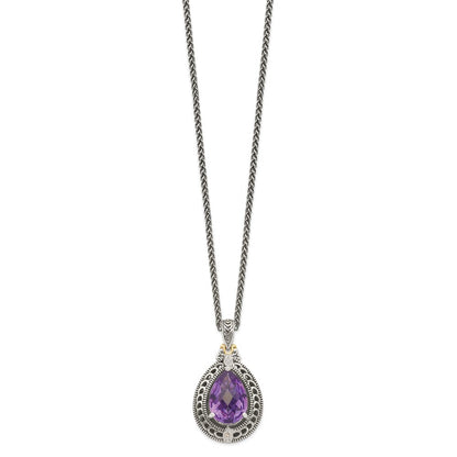 14K/silver Bicolor Shey Couture Sterlingsilber mit 14K Akzente 18 Zoll Antikisiert Diamant und Tropfen Geformt Amethyst Halskette