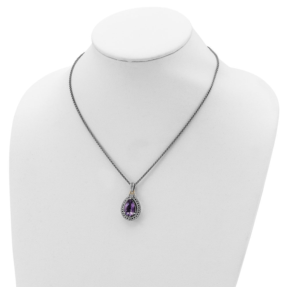 14K/silver Bicolor Shey Couture Sterlingsilber mit 14K Akzente 18 Zoll Antikisiert Diamant und Tropfen Geformt Amethyst Halskette