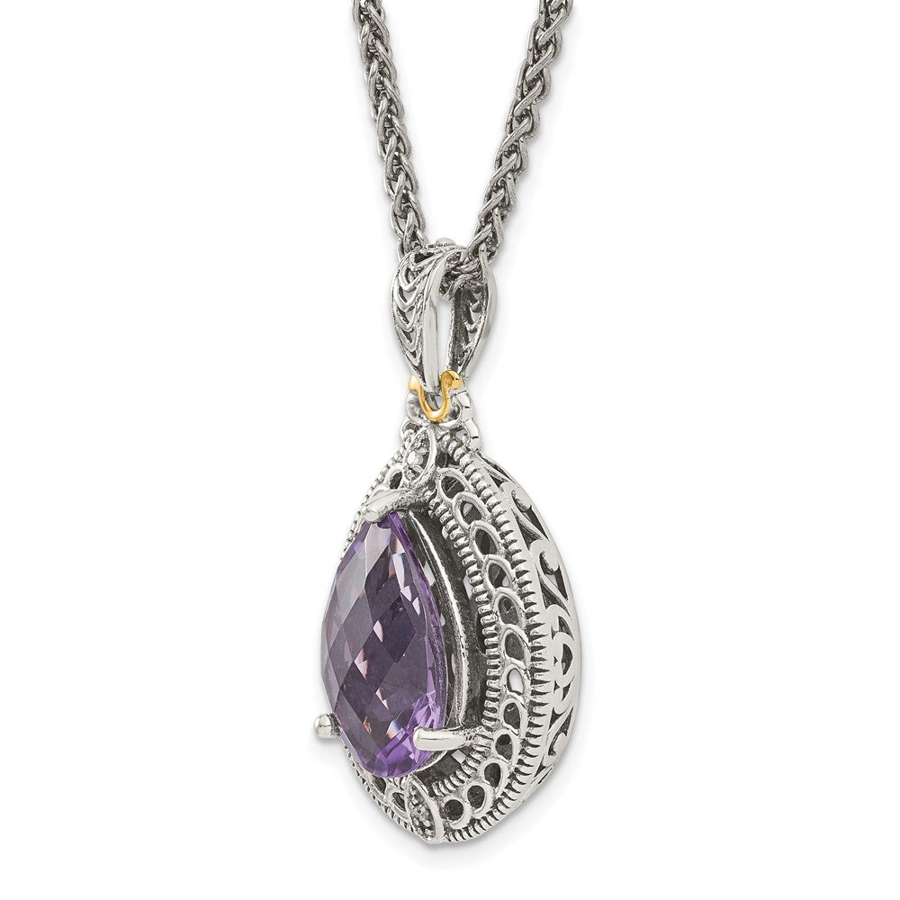 14K/silver Bicolor Shey Couture Sterlingsilber mit 14K Akzente 18 Zoll Antikisiert Diamant und Tropfen Geformt Amethyst Halskette