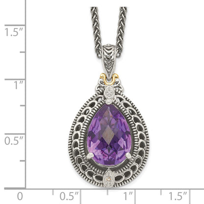 14K/silver Bicolor Shey Couture Sterlingsilber mit 14K Akzente 18 Zoll Antikisiert Diamant und Tropfen Geformt Amethyst Halskette