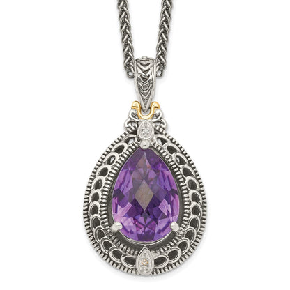 14K/silver Bicolor Shey Couture Sterlingsilber mit 14K Akzente 18 Zoll Antikisiert Diamant und Tropfen Geformt Amethyst Halskette