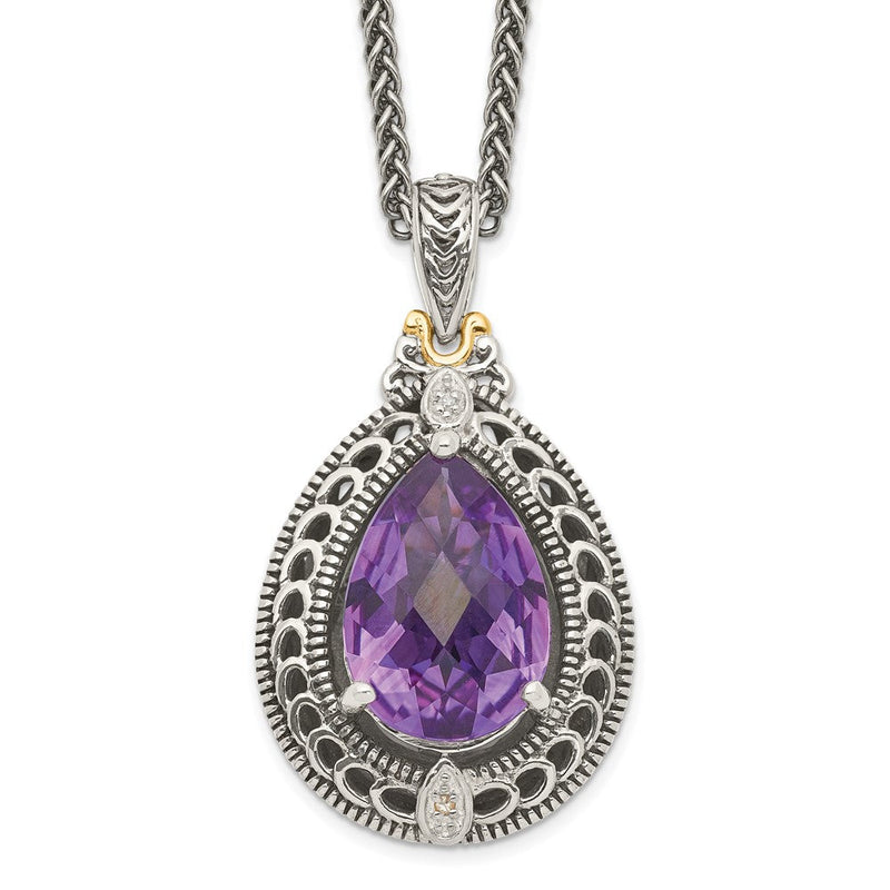 14K/silver Bicolor Shey Couture Sterlingsilber mit 14K Akzente 18 Zoll Antikisiert Diamant und Tropfen Geformt Amethyst Halskette