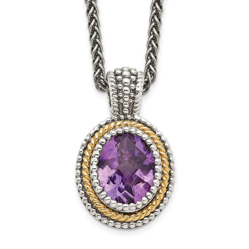 14K/silver Bicolor Shey Couture Sterlingsilber mit 14K Akzente 18 Zoll Antikisiert Oval Zargenfassung Amethyst Halskette