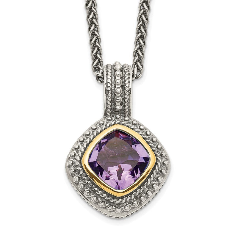 14K/silver Bicolor Shey Couture Sterlingsilber mit 14K Akzente 18 Zoll Antikisiert Kissen Zargenfassung Amethyst Halskette