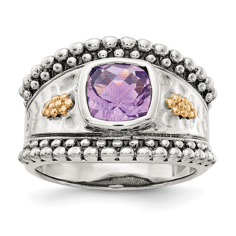 14K/silver Bicolor Shey Couture Sterlingsilber mit 14K Akzente Antikisiert Schachbrett Schliff Kissen Zargenfassung Amethyst Ring