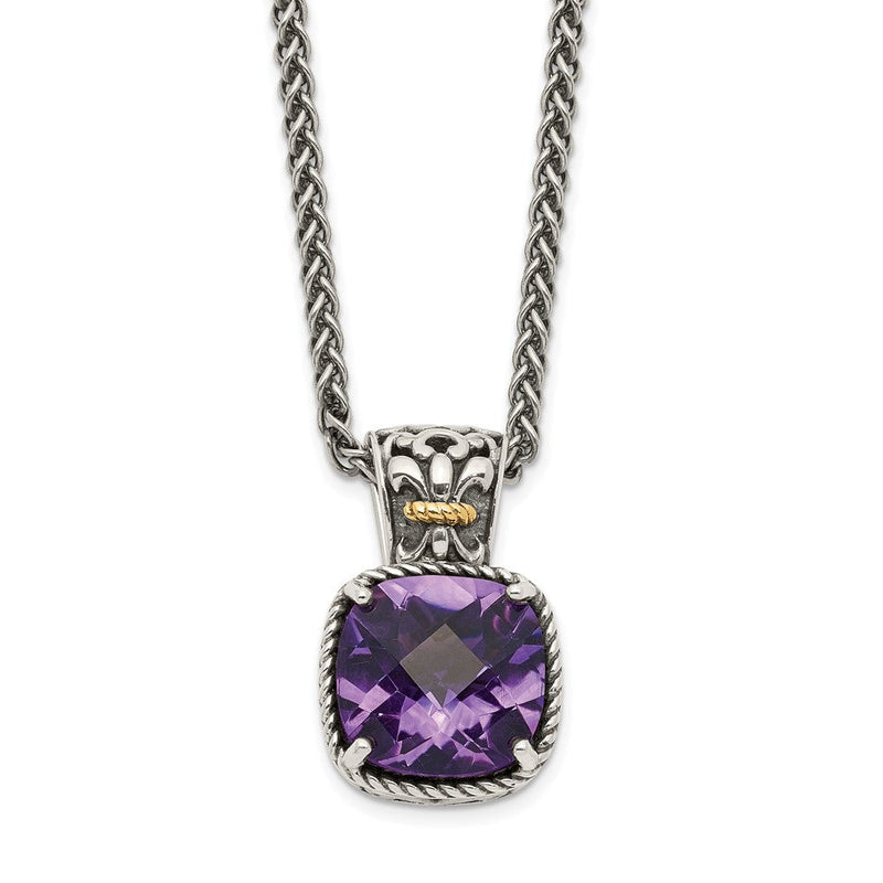 14K/silver Bicolor Shey Couture Sterlingsilber mit 14K Akzente 18 Zoll Antikisiert Kissen Schachbrett Amethyst Halskette