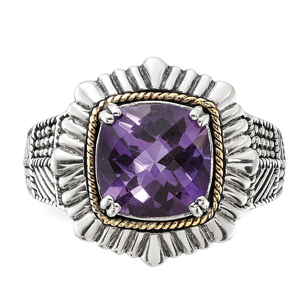14K/silver Bicolor Sterlingsilber 14K Poliert & Antikisiert Strukturiert Amethyst Ring (size 7 Nur)