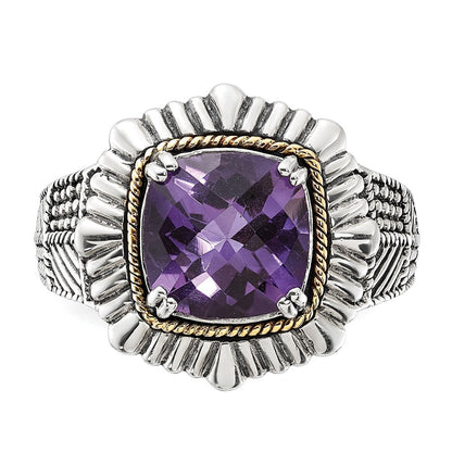 14K/silver Bicolor Sterlingsilber 14K Poliert & Antikisiert Strukturiert Amethyst Ring (size 7 Nur)