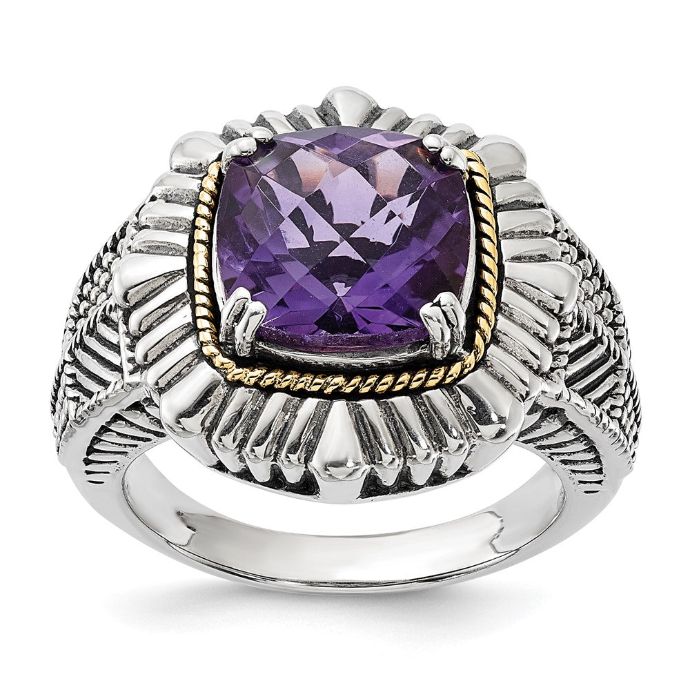 14K/silver Bicolor Sterlingsilber 14K Poliert & Antikisiert Strukturiert Amethyst Ring (size 7 Nur)