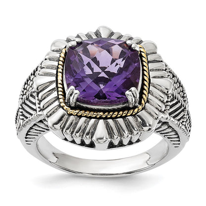 14K/silver Bicolor Sterlingsilber 14K Poliert & Antikisiert Strukturiert Amethyst Ring (size 7 Nur)