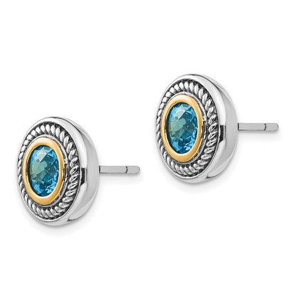 14K/silver Bicolor Shey Couture Sterlingsilber mit 14K Akzente Antikisiert Rund Blautopas Ohrstecker