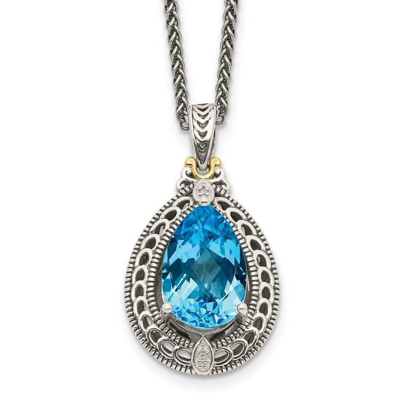 14K/silver Bicolor Shey Couture Sterlingsilber mit 14K Akzente 18 Zoll Antikisiert Diamant und Tropfen Geformt Blautopas Halskette