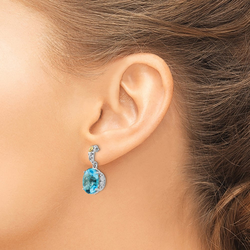 14K/silver Bicolor Shey Couture Sterlingsilber mit 14K Akzente Oval Blautopas Hängend Ohrstecker