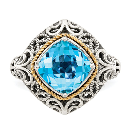 14K/silver Bicolor Shey Couture Sterlingsilber mit 14K Akzente Antikisiert Kissen Blautopas Ring