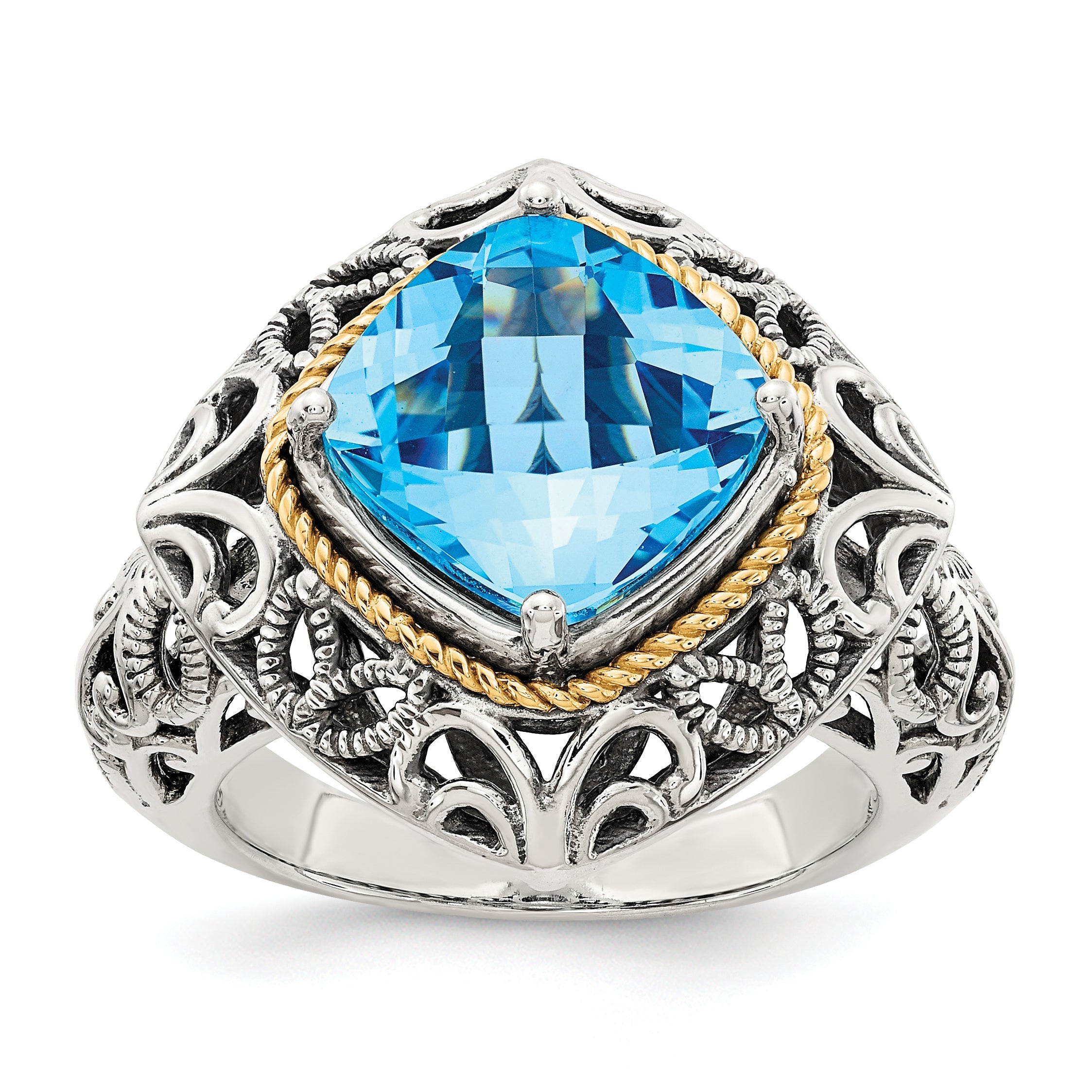 14K/silver Bicolor Shey Couture Sterlingsilber mit 14K Akzente Antikisiert Kissen Blautopas Ring